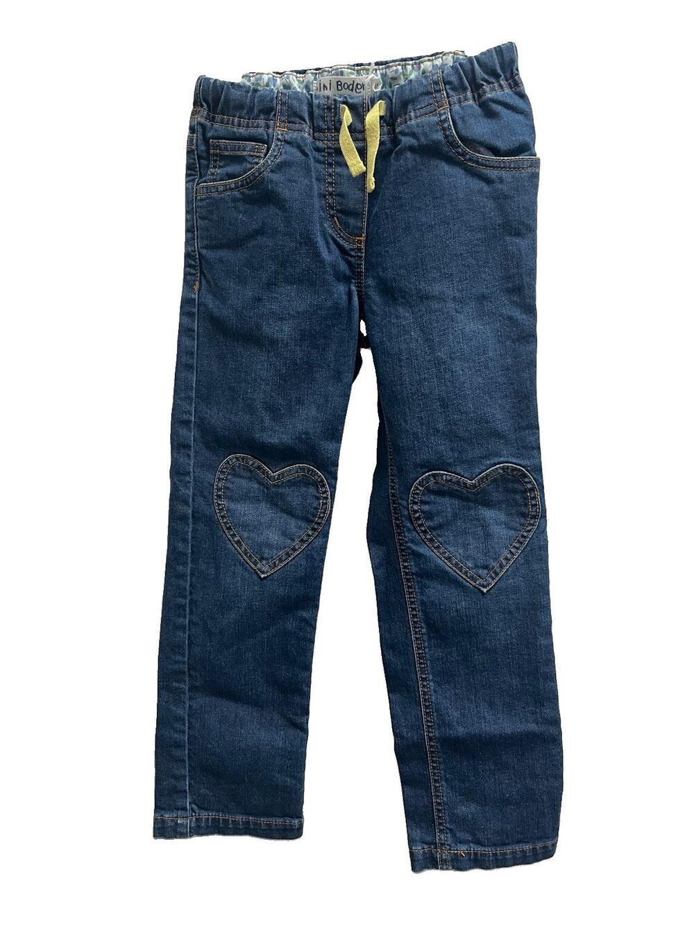 Mini Boden Girls Heart Knee Patch Jeans 6Y Blue Pull On Elastic Waist Denim